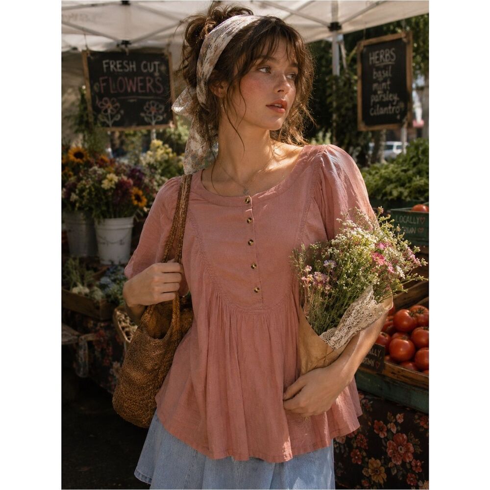 Anthropologie Pink Coral Half  Button Down Puff Short Sleeve Blouse Sz S Cottage